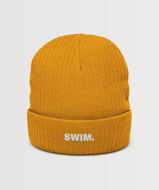 Yellow Ribbed Knit Beanie with embroidered 'SWIM.'. 