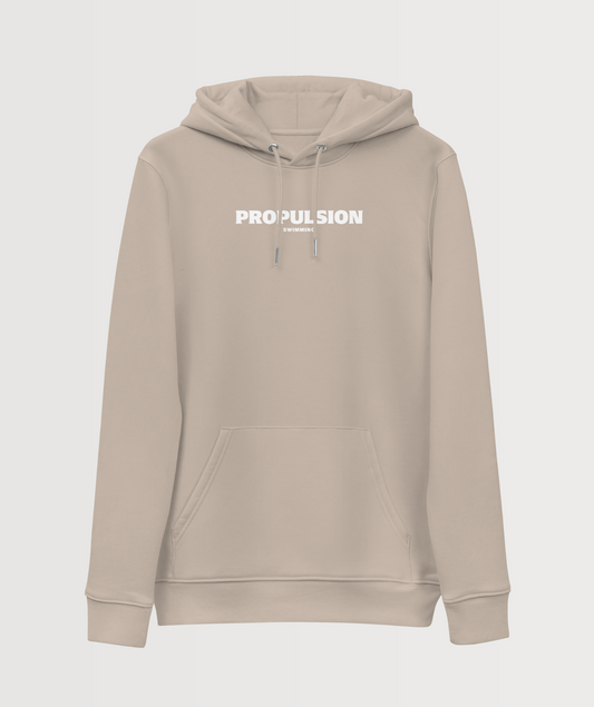 Desert Dust Unisex Hoodie with White text saying "Propulsion Swimming"